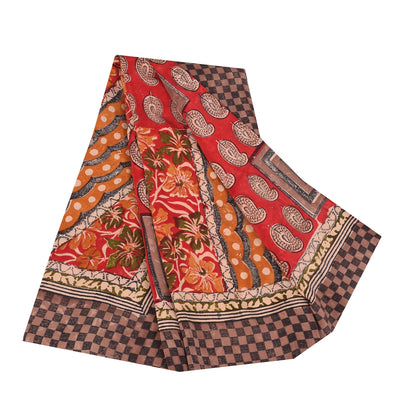 Sanskriti Vintage Sarees Red Pure Crepe Silk Printed Sari 5+yd Craft Sustainable Fabric