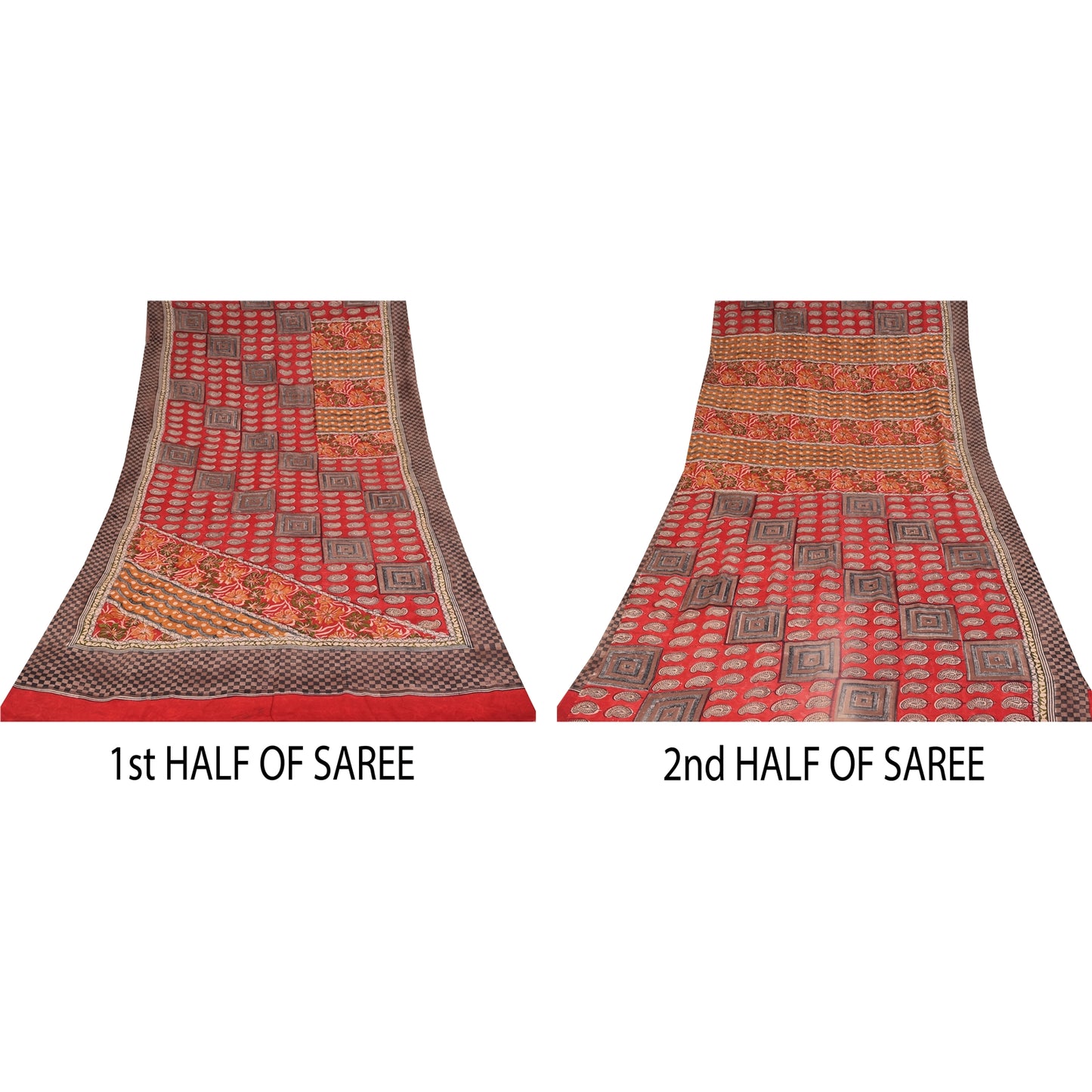 Sanskriti Vintage Sarees Red Pure Crepe Silk Printed Sari 5+yd Craft Sustainable Fabric