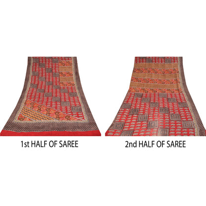 Sanskriti Vintage Sarees Red Pure Crepe Silk Printed Sari 5+yd Craft Sustainable Fabric