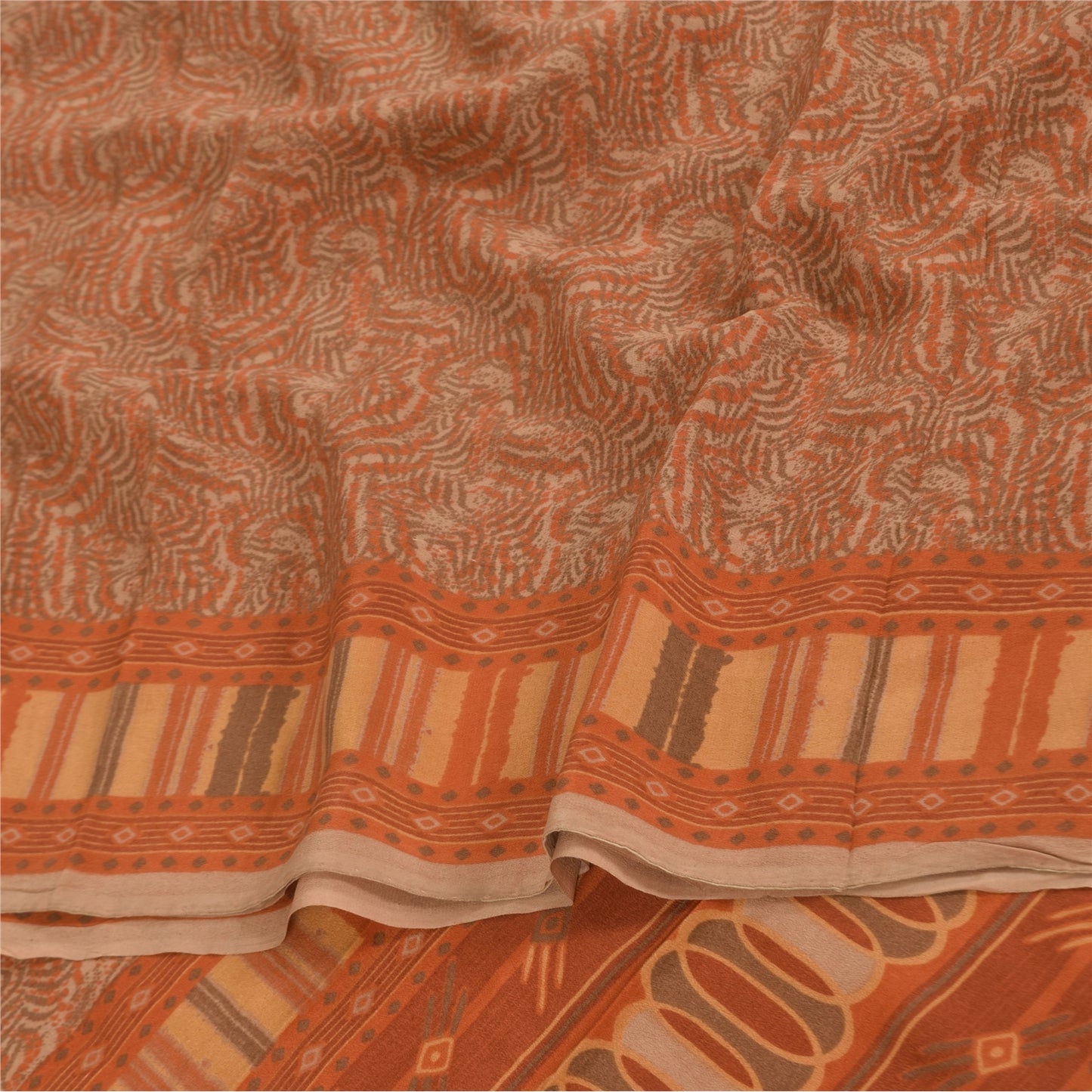 Sanskriti Vintage Sarier Orange/Brun Ren Crepe Trykt Sari 5+ yard Håndværk Bæredygtigt Stoff