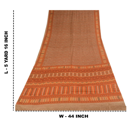 Sanskriti Vintage Sarier Orange/Brun Ren Crepe Trykt Sari 5+ yard Håndværk Bæredygtigt Stoff