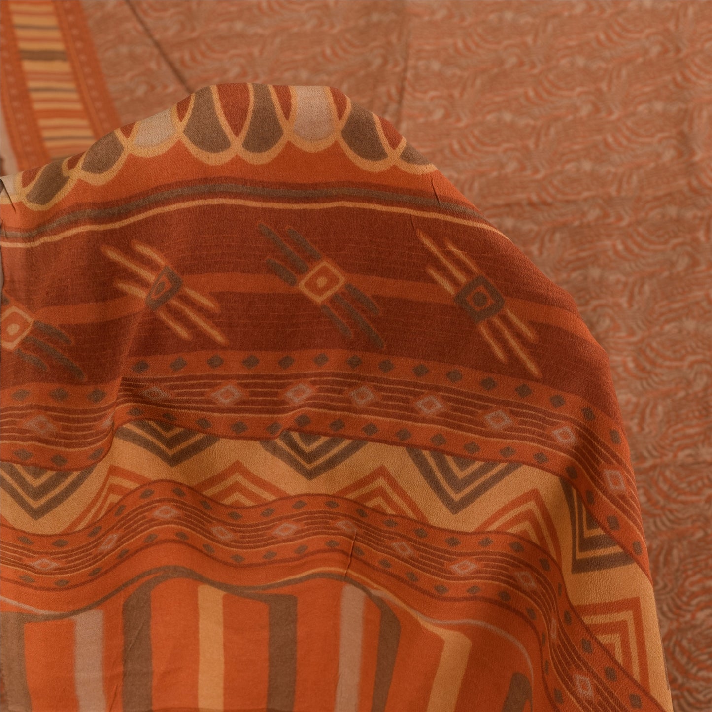 Sanskriti Vintage Sarier Orange/Brun Ren Crepe Trykt Sari 5+ yard Håndværk Bæredygtigt Stoff