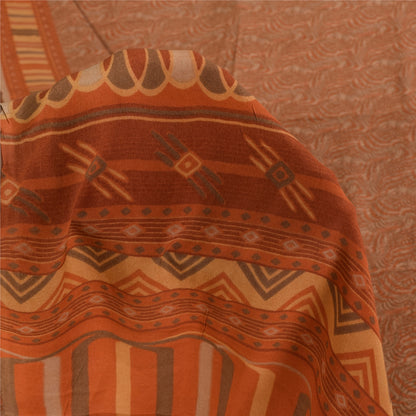 Sanskriti Vintage Sarier Orange/Brun Ren Crepe Trykt Sari 5+ yard Håndværk Bæredygtigt Stoff