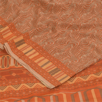 Sanskriti Vintage Sarier Orange/Brun Ren Crepe Trykt Sari 5+ yard Håndværk Bæredygtigt Stoff