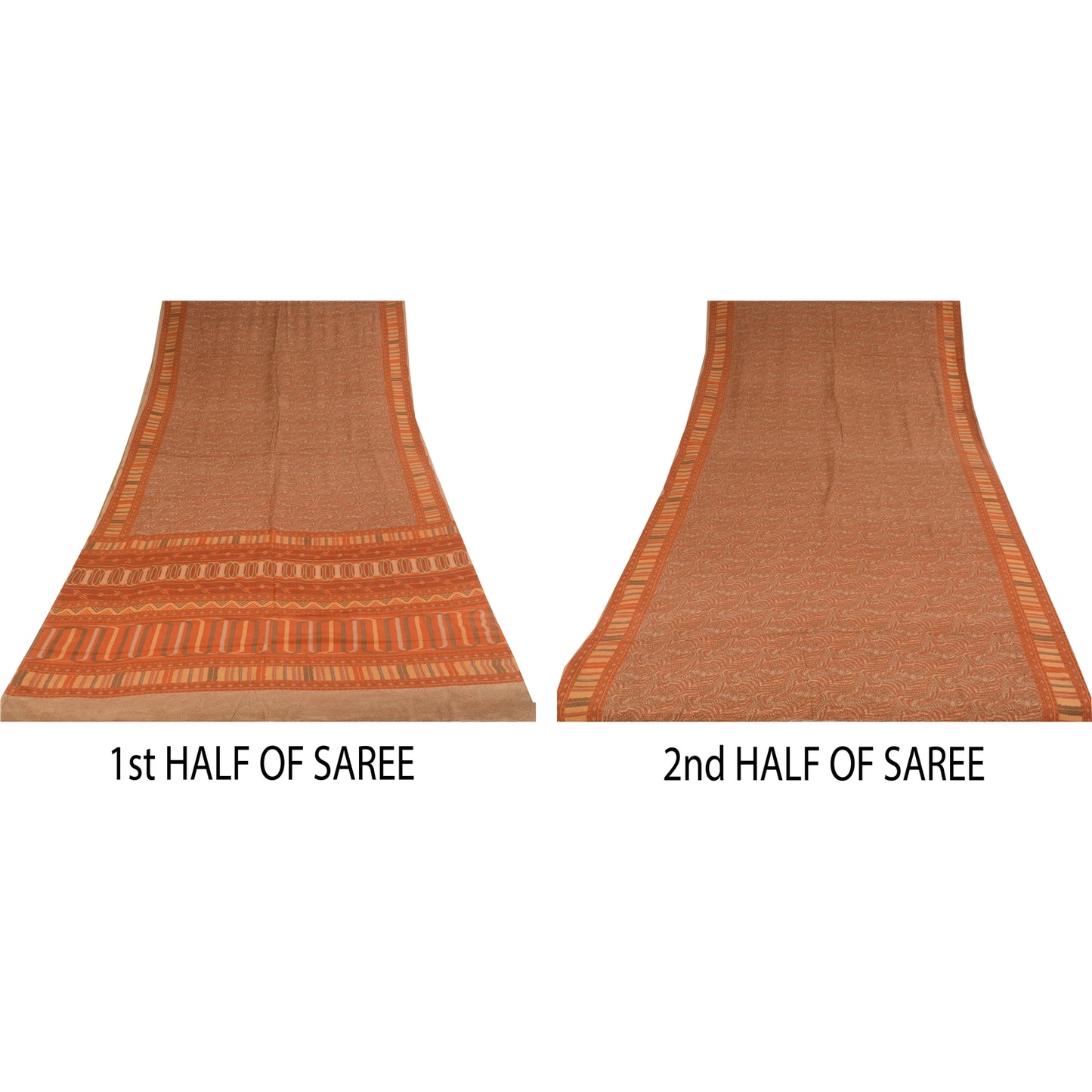 Sanskriti Vintage Sarier Orange/Brun Ren Crepe Trykt Sari 5+ yard Håndværk Bæredygtigt Stoff