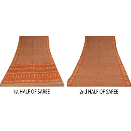 Sanskriti Vintage Sarier Orange/Brun Ren Crepe Trykt Sari 5+ yard Håndværk Bæredygtigt Stoff
