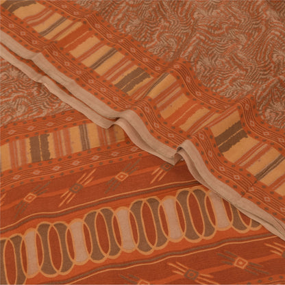 Sanskriti Vintage Sarier Orange/Brun Ren Crepe Trykt Sari 5+ yard Håndværk Bæredygtigt Stoff
