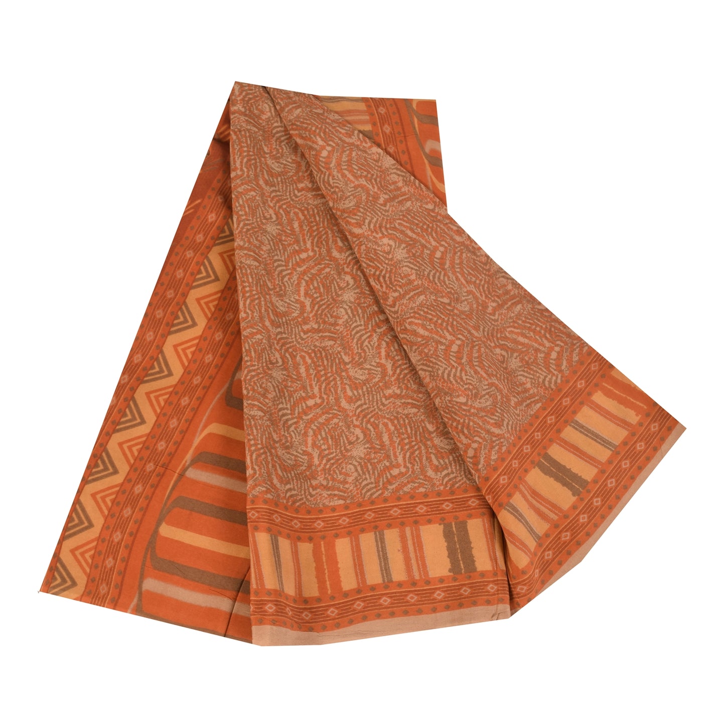 Sanskriti Vintage Sarier Orange/Brun Ren Crepe Trykt Sari 5+ yard Håndværk Bæredygtigt Stoff