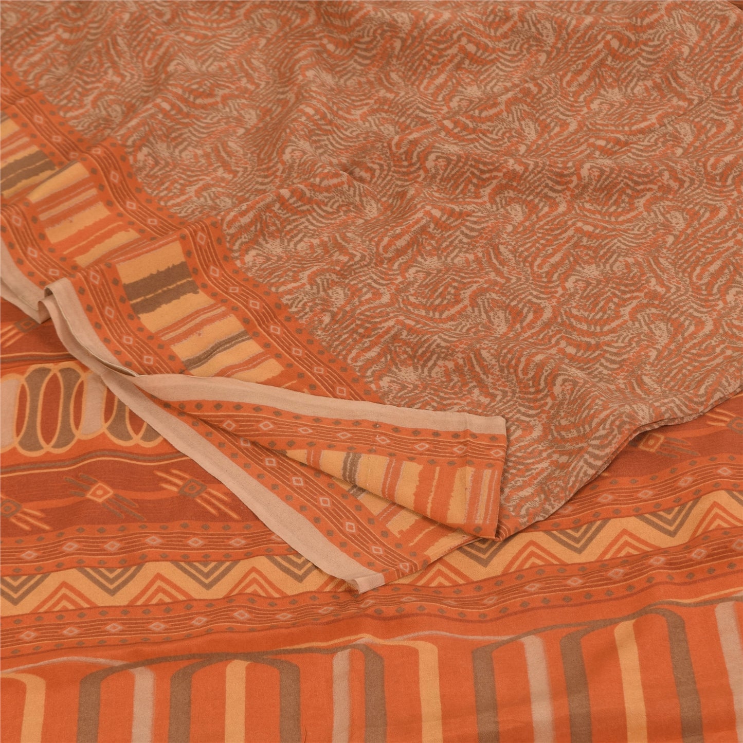 Sanskriti Vintage Sarier Orange/Brun Ren Crepe Trykt Sari 5+ yard Håndværk Bæredygtigt Stoff