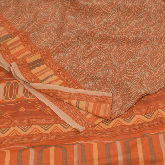 Sanskriti Vintage Sarees Orange/Brown Pure Crepe Printed Sari 5+yd Craft Sustainable Fabric