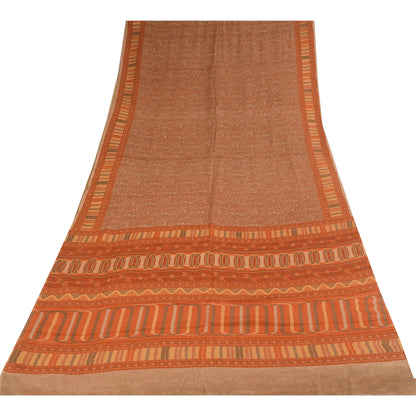 Sanskriti Vintage Sarier Orange/Brun Ren Crepe Trykt Sari 5+ yard Håndværk Bæredygtigt Stoff