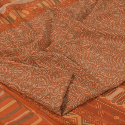 Sanskriti Vintage Sarier Orange/Brun Ren Crepe Trykt Sari 5+ yard Håndværk Bæredygtigt Stoff