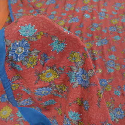 Sanskriti Vintage Sarees Pink Pure Crepe Print Hand Beaded Sari 5+yd Sustainable Fabric