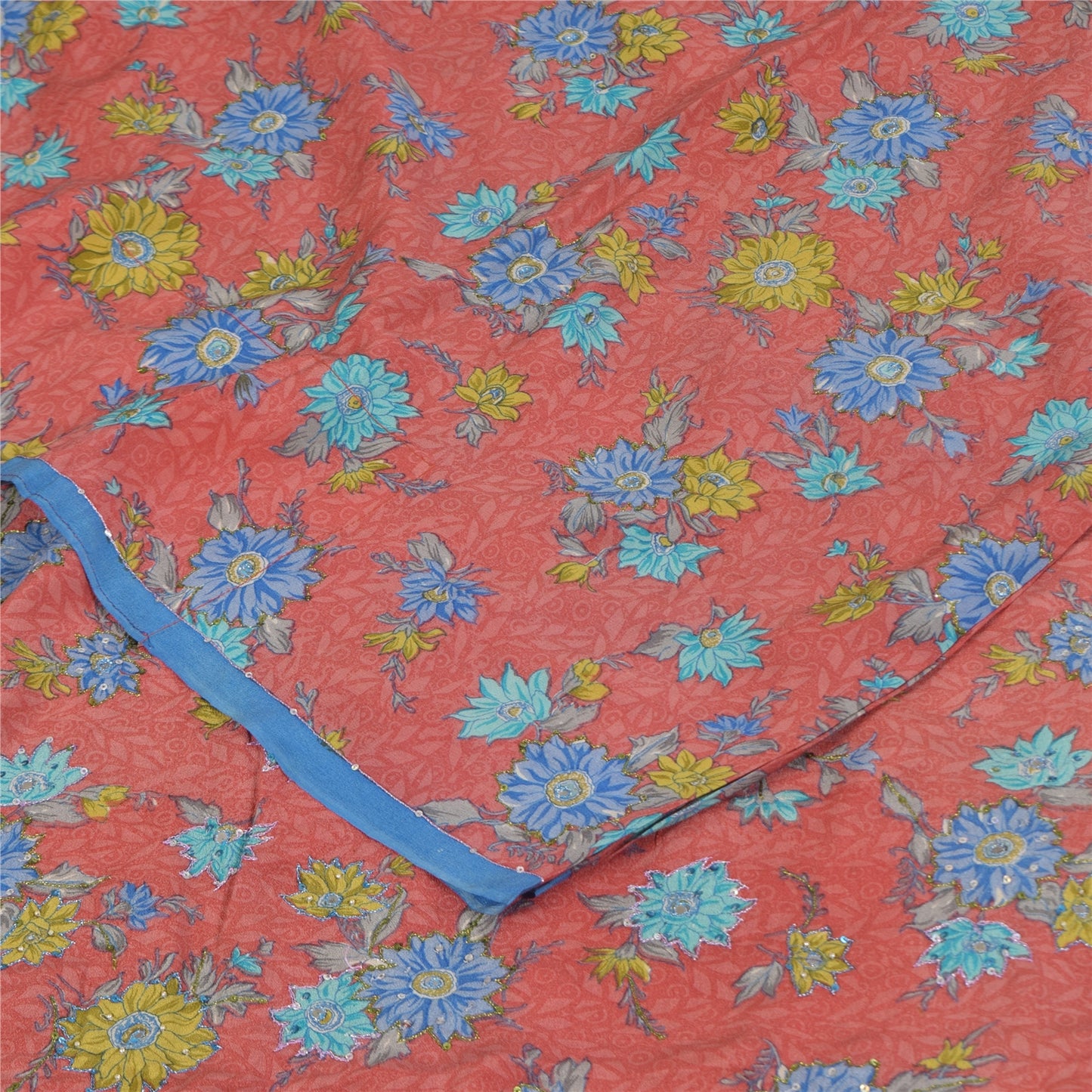 Sanskriti Vintage Sarees Pink Pure Crepe Print Hand Beaded Sari 5+yd Sustainable Fabric