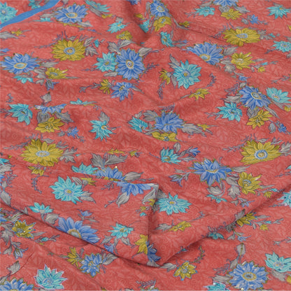 Sanskriti Vintage Sarees Pink Pure Crepe Print Hand Beaded Sari 5+yd Sustainable Fabric