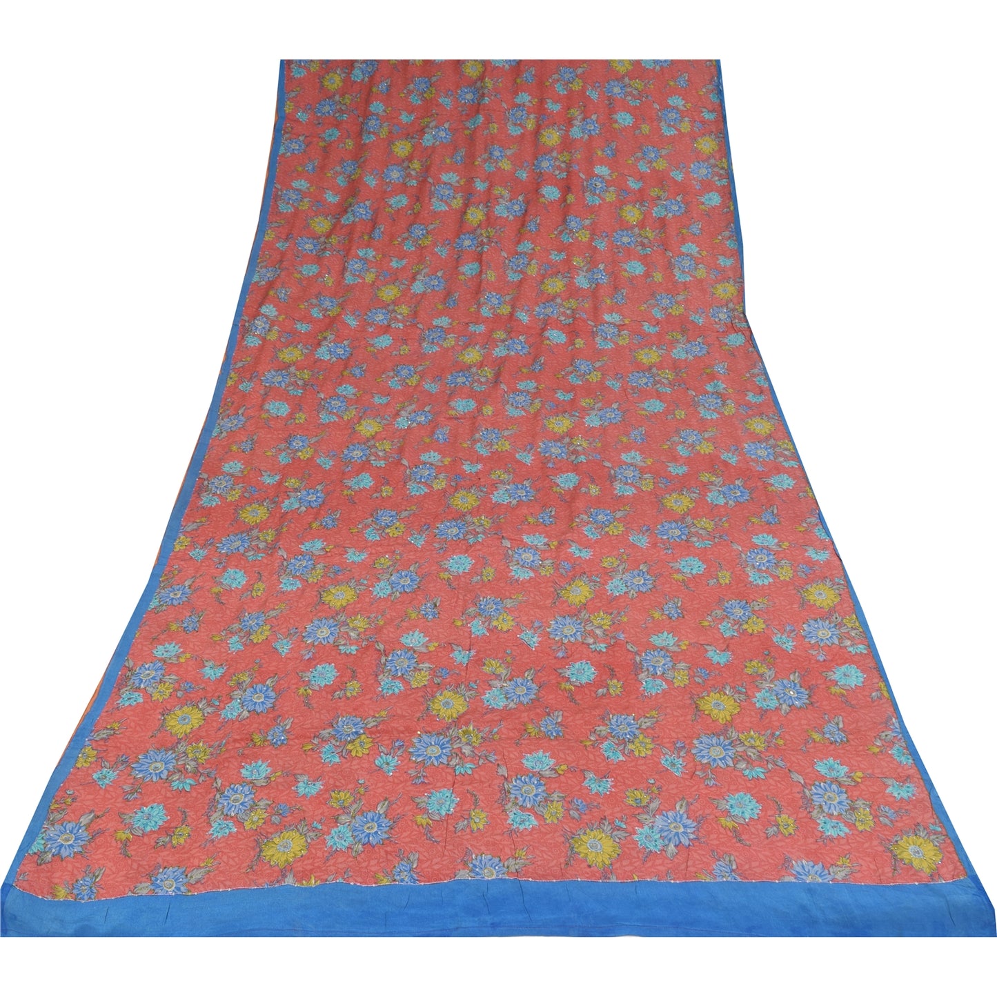 Sanskriti Vintage Sarees Pink Pure Crepe Print Hand Beaded Sari 5+yd Sustainable Fabric