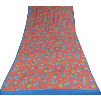 Sanskriti Vintage Sarees Pink Pure Crepe Print Hand Beaded Sari 5+yd Sustainable Fabric