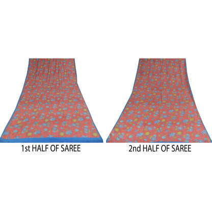 Sanskriti Vintage Sarees Pink Pure Crepe Print Hand Beaded Sari 5+yd Sustainable Fabric