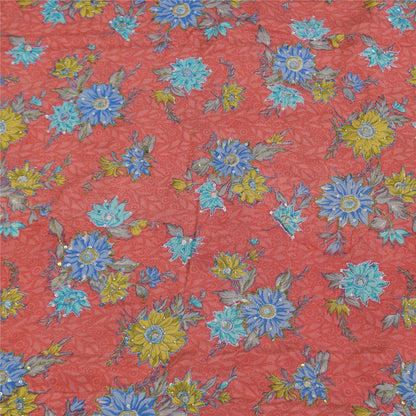 Sanskriti Vintage Sarees Pink Pure Crepe Print Hand Beaded Sari 5+yd Sustainable Fabric