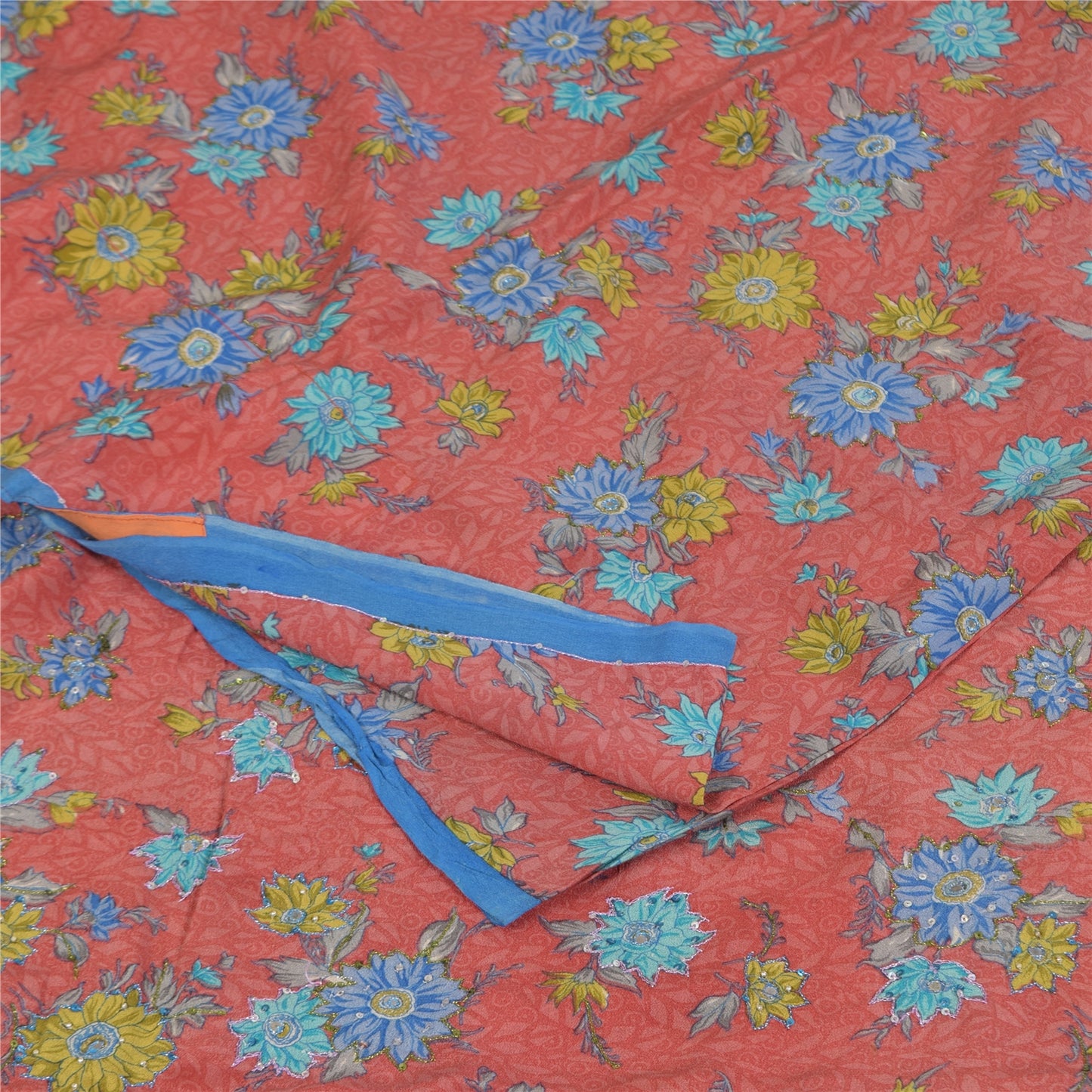 Sanskriti Vintage Sarees Pink Pure Crepe Print Hand Beaded Sari 5+yd Sustainable Fabric