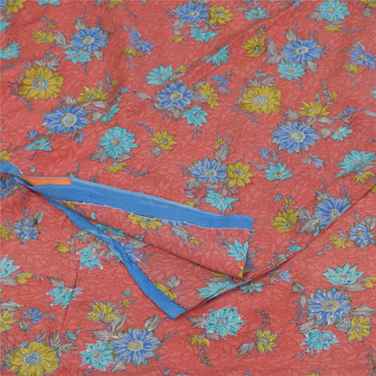 Sanskriti Vintage Sarees Pink Pure Crepe Print Hand Beaded Sari 5+yd Sustainable Fabric