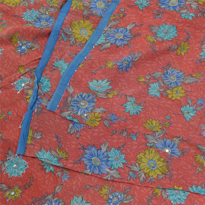 Sanskriti Vintage Sarees Pink Pure Crepe Print Hand Beaded Sari 5+yd Sustainable Fabric