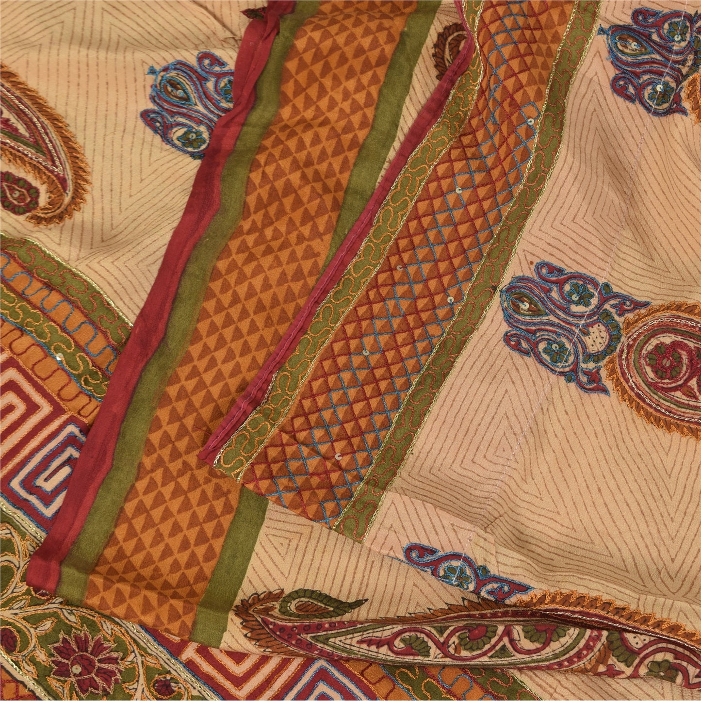 Sanskriti Vintage Sarees Peach Pure Crepe Silk Printed Sari 5+yd Craft Sustainable Fabric