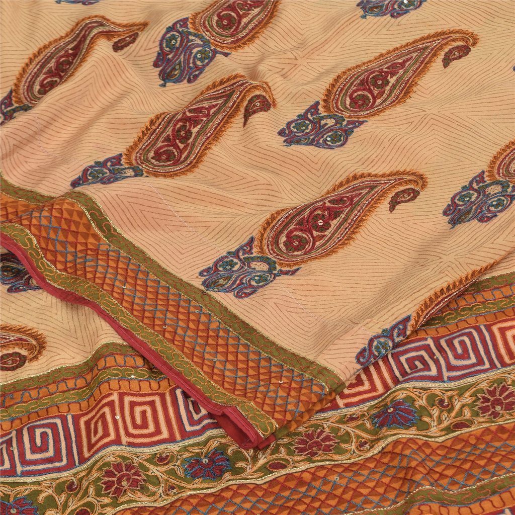 Sanskriti Vintage Sarees Peach Pure Crepe Silk Printed Sari 5+yd Craft Sustainable Fabric