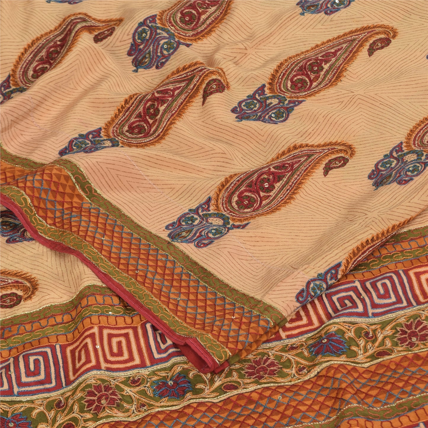 Sanskriti Vintage Sarees Peach Pure Crepe Silk Printed Sari 5+yd Craft Sustainable Fabric