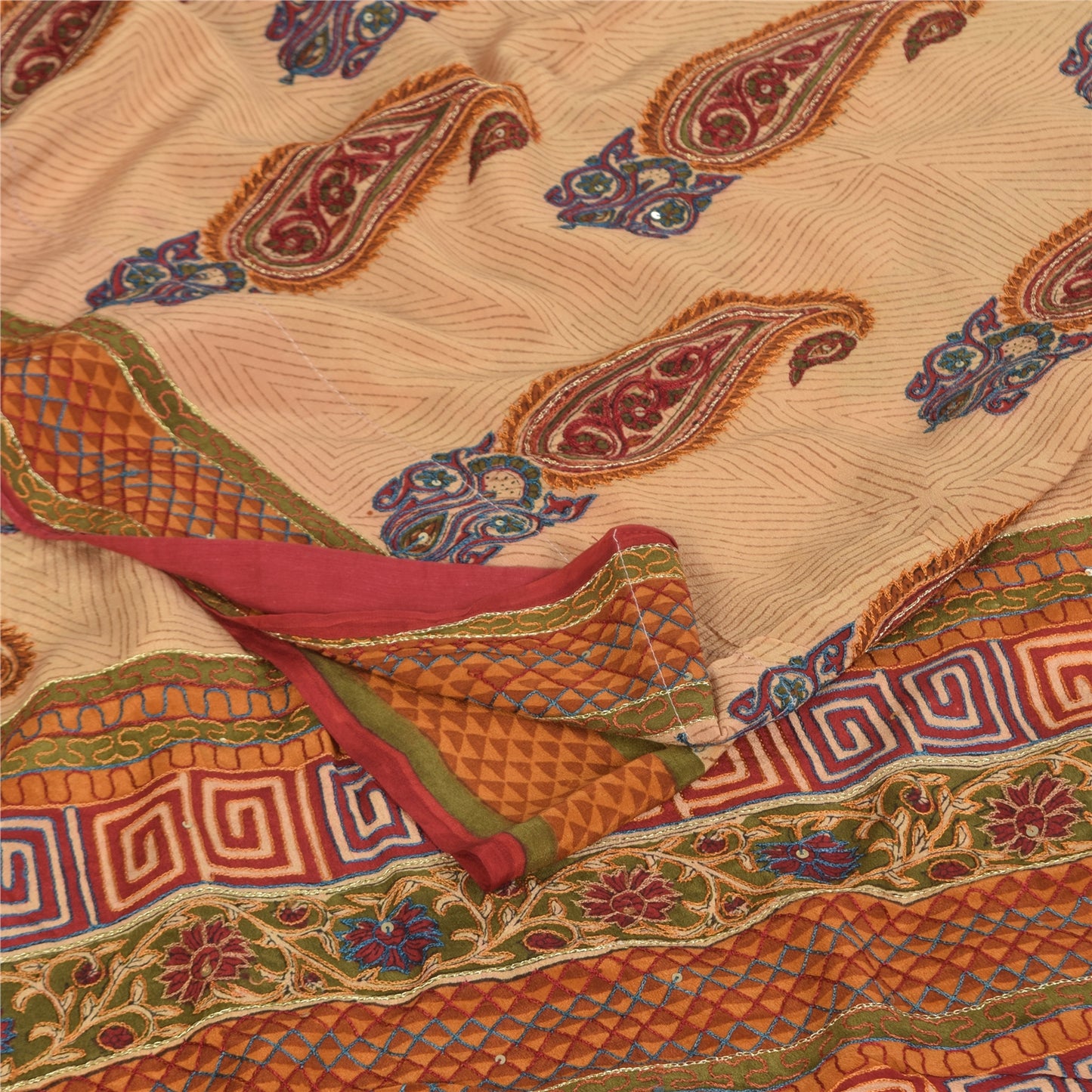 Sanskriti Vintage Sarees Peach Pure Crepe Silk Printed Sari 5+yd Craft Sustainable Fabric