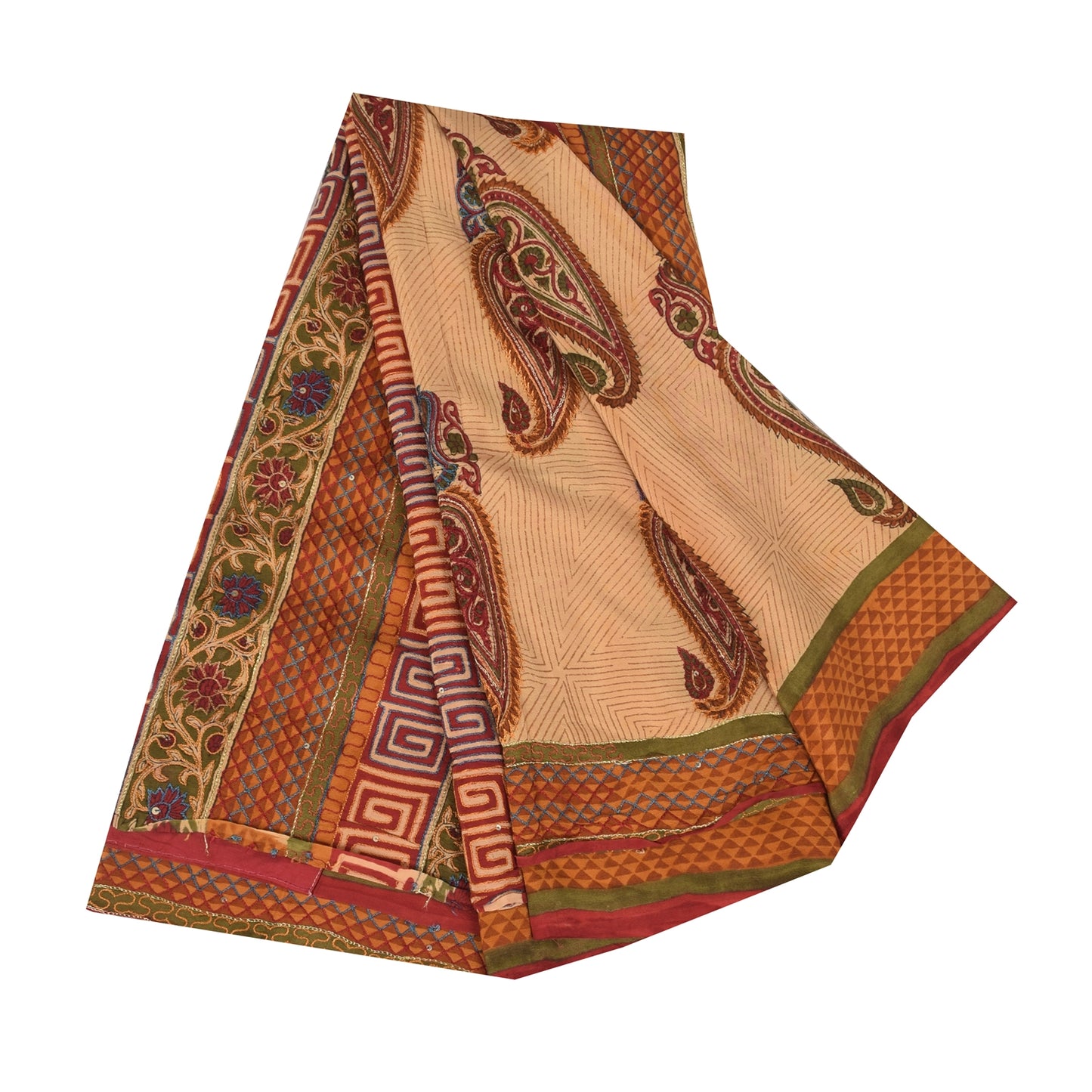 Sanskriti Vintage Sarees Peach Pure Crepe Silk Printed Sari 5+yd Craft Sustainable Fabric