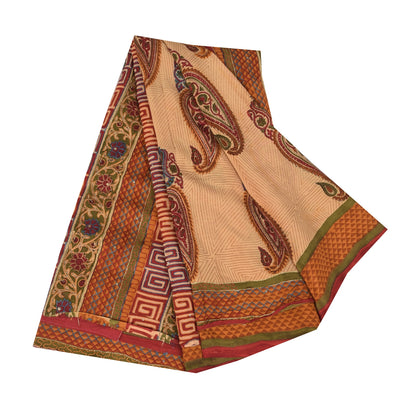 Sanskriti Vintage Sarees Peach Pure Crepe Silk Printed Sari 5+yd Craft Sustainable Fabric