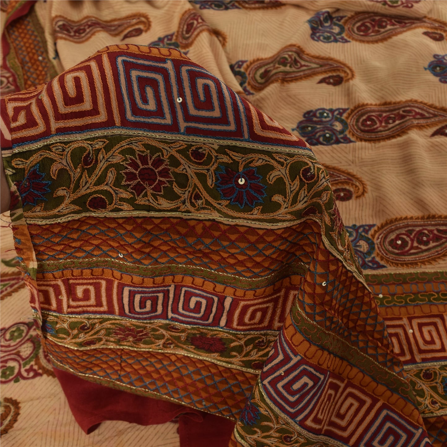 Sanskriti Vintage Sarees Peach Pure Crepe Silk Printed Sari 5+yd Craft Sustainable Fabric