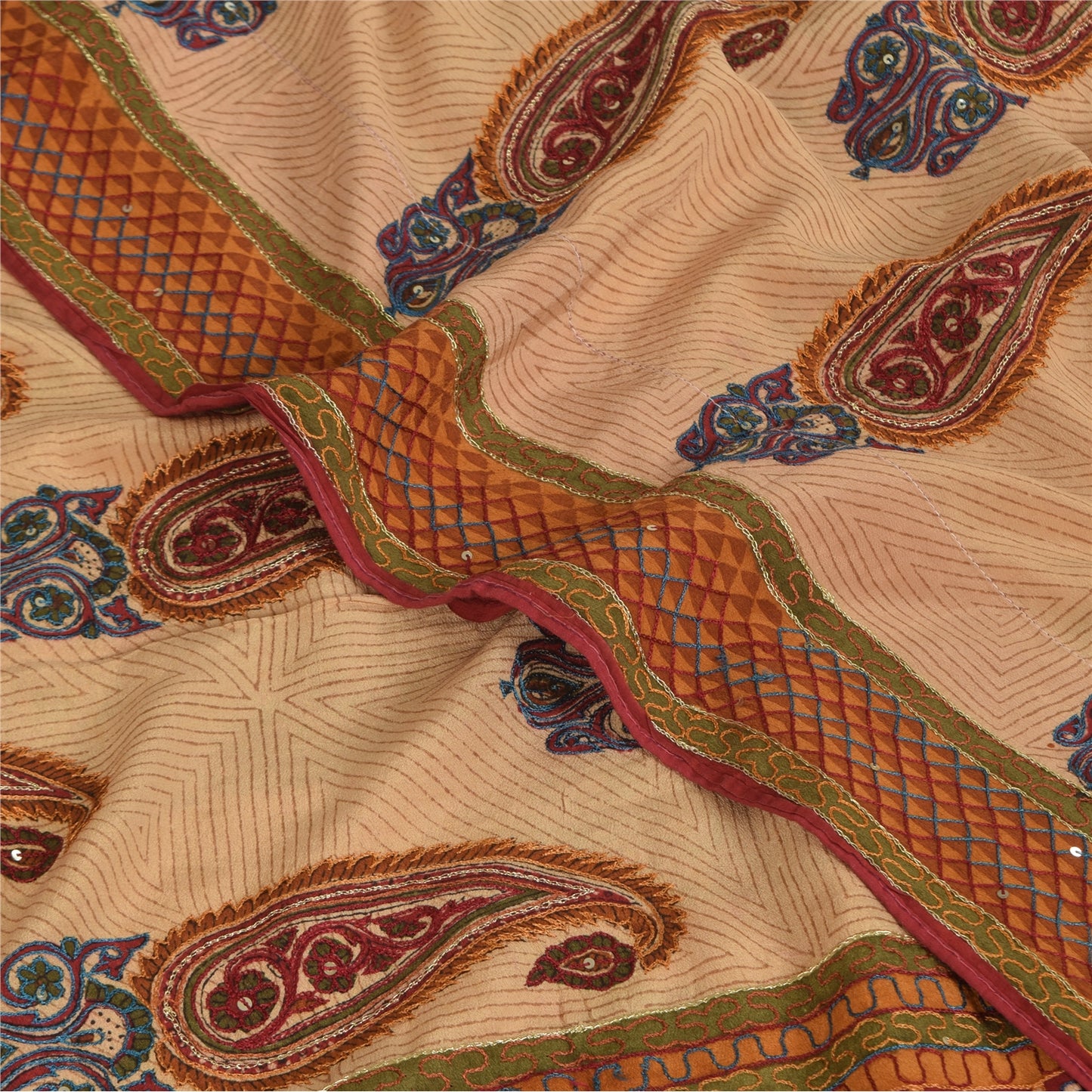 Sanskriti Vintage Sarees Peach Pure Crepe Silk Printed Sari 5+yd Craft Sustainable Fabric
