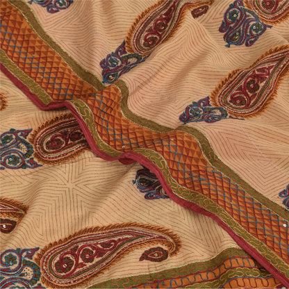 Sanskriti Vintage Sarees Peach Pure Crepe Silk Printed Sari 5+yd Craft Sustainable Fabric