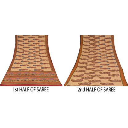 Sanskriti Vintage Sarees Peach Pure Crepe Silk Printed Sari 5+yd Craft Sustainable Fabric