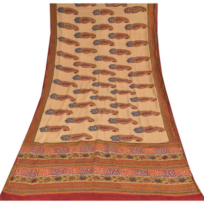 Sanskriti Vintage Sarees Peach Pure Crepe Silk Printed Sari 5+yd Craft Sustainable Fabric