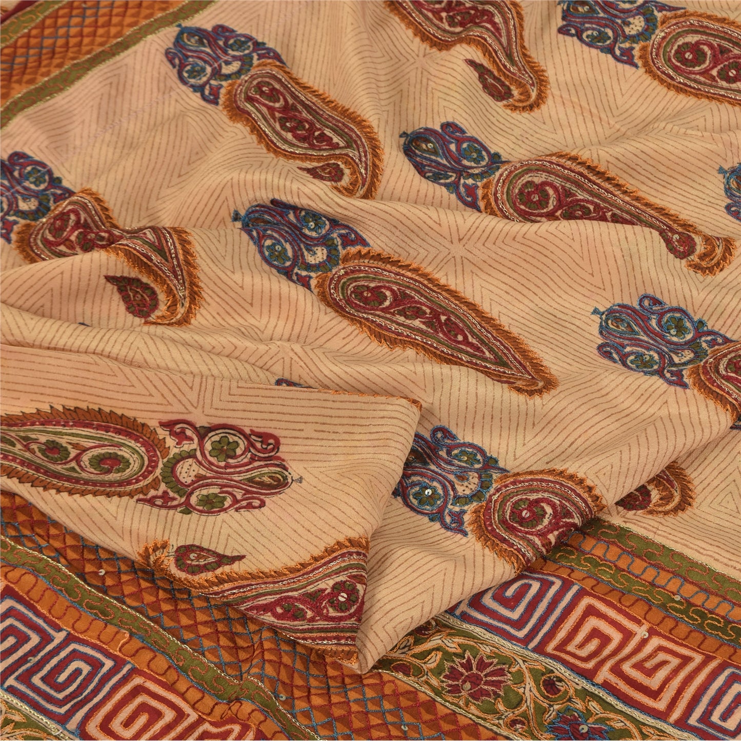 Sanskriti Vintage Sarees Peach Pure Crepe Silk Printed Sari 5+yd Craft Sustainable Fabric
