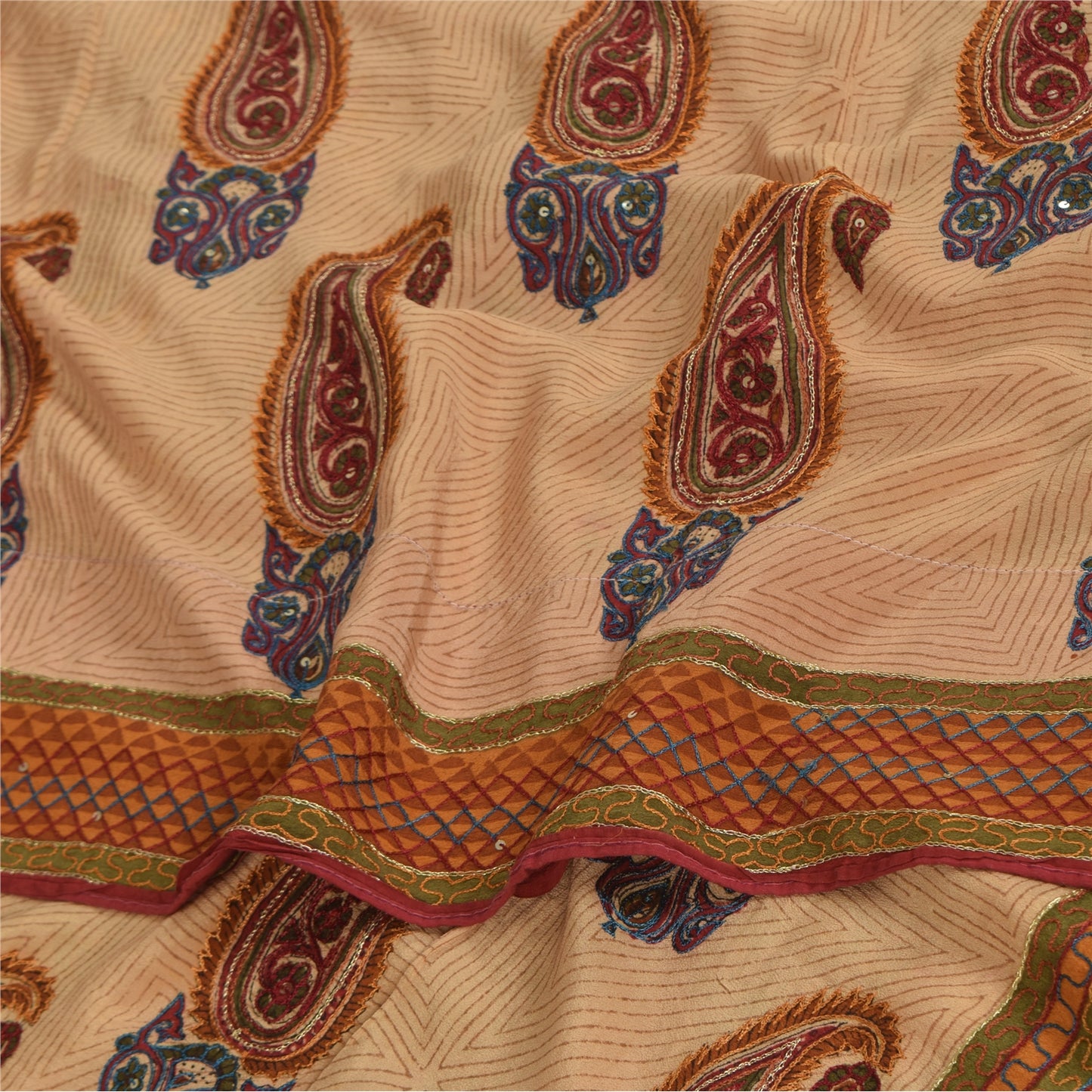 Sanskriti Vintage Sarees Peach Pure Crepe Silk Printed Sari 5+yd Craft Sustainable Fabric