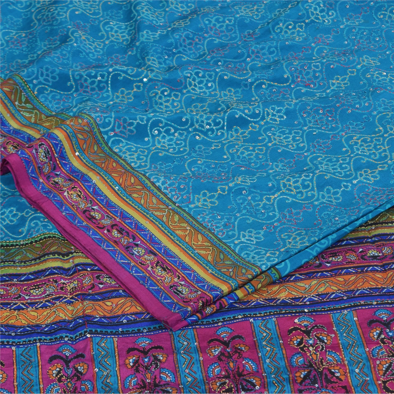 Sanskriti Vintage Sarees Blue HandEmbroidery Kantha Pure Crepe Print Sari Sustainable Fabric