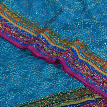 Sanskriti Vintage Sarees Blue HandEmbroidery Kantha Pure Crepe Print Sari Sustainable Fabric