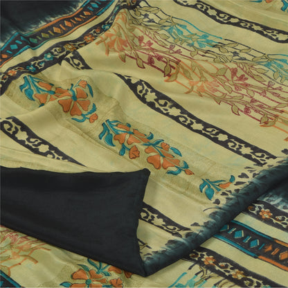 Sanskriti Vintage Sarees Black Pure Crepe Silk Printed Sari 5+yd Craft Sustainable Fabric