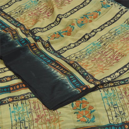 Sanskriti Vintage Sarees Black Pure Crepe Silk Printed Sari 5+yd Craft Sustainable Fabric