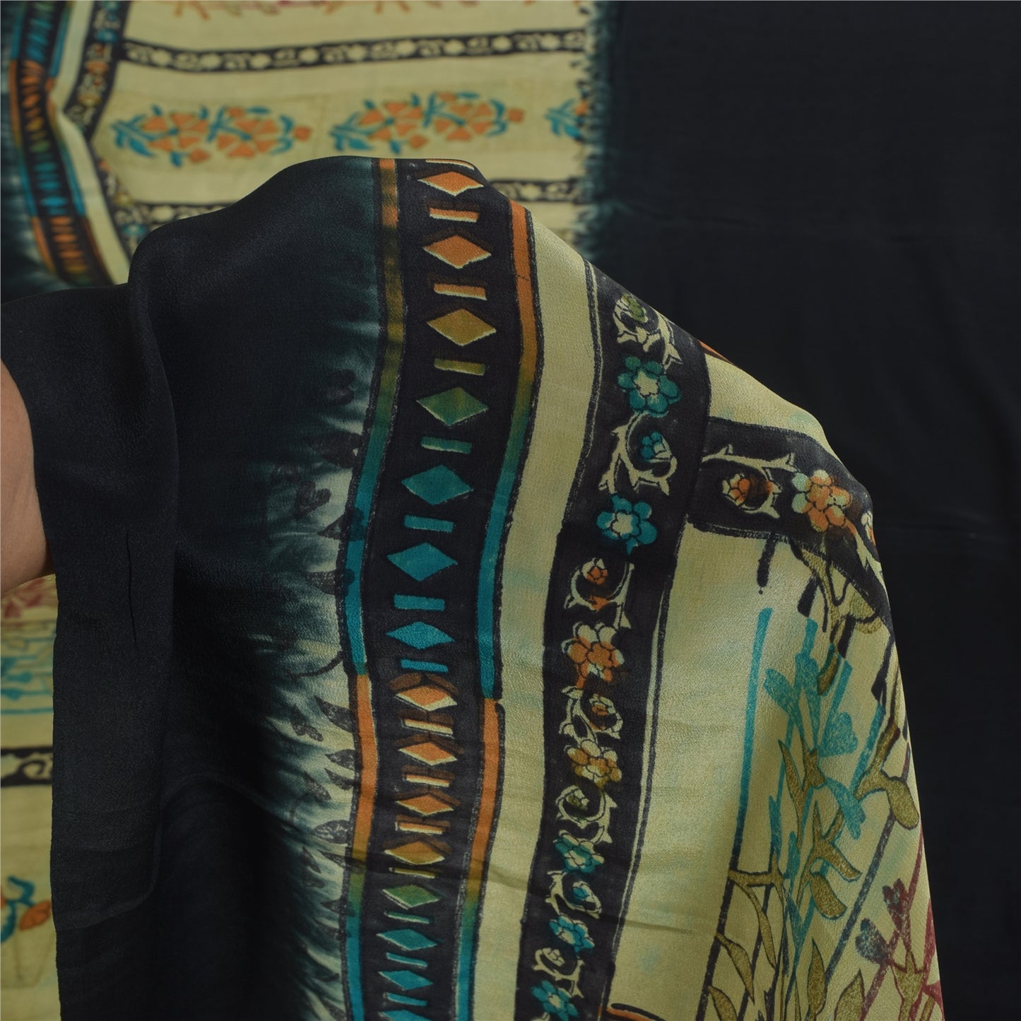 Sanskriti Vintage Sarees Black Pure Crepe Silk Printed Sari 5+yd Craft Sustainable Fabric