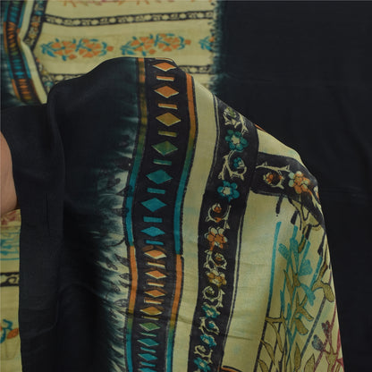 Sanskriti Vintage Sarees Black Pure Crepe Silk Printed Sari 5+yd Craft Sustainable Fabric