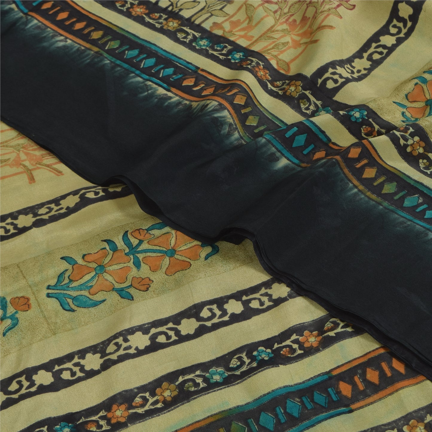 Sanskriti Vintage Sarees Black Pure Crepe Silk Printed Sari 5+yd Craft Sustainable Fabric