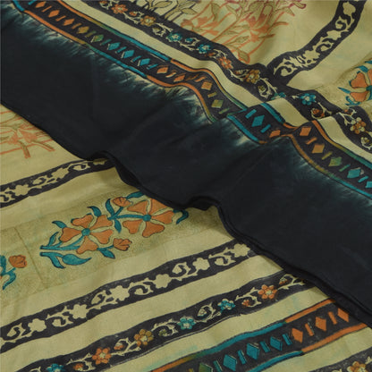 Sanskriti Vintage Sarees Black Pure Crepe Silk Printed Sari 5+yd Craft Sustainable Fabric