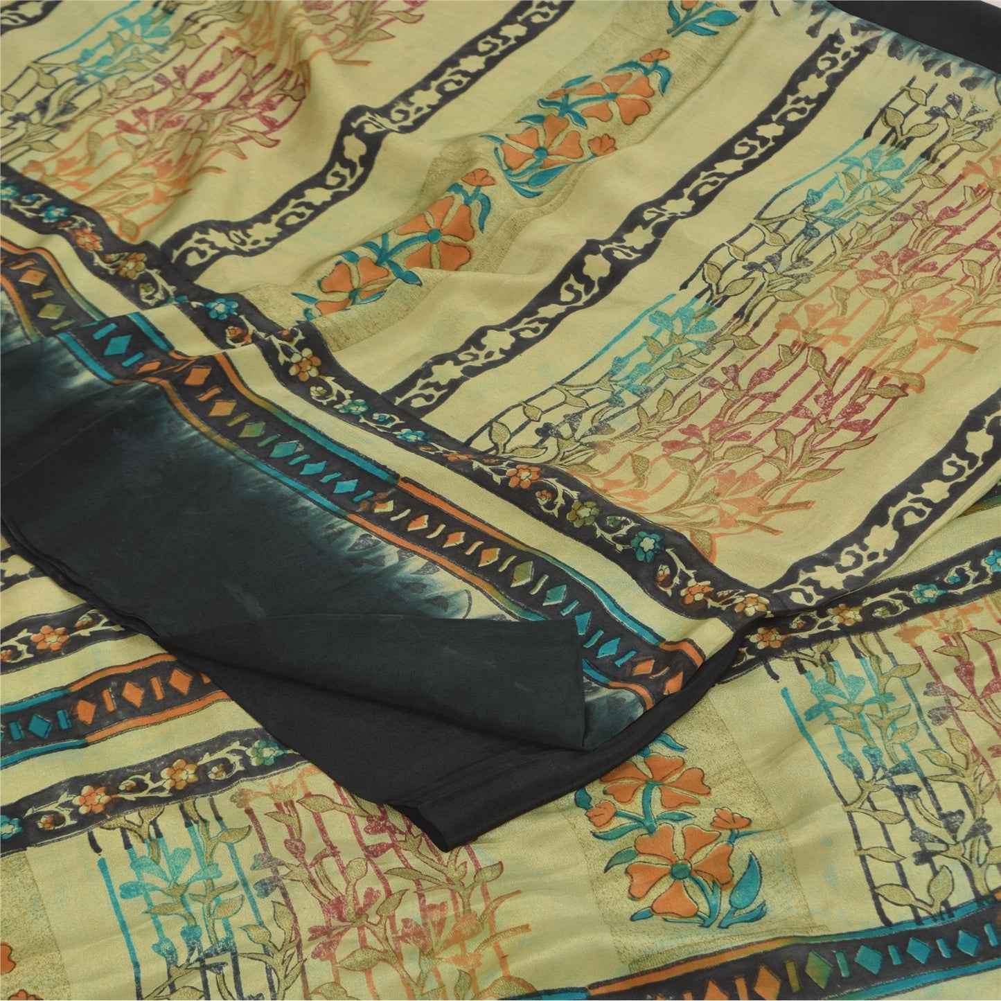 Sanskriti Vintage Sarees Black Pure Crepe Silk Printed Sari 5+yd Craft Sustainable Fabric