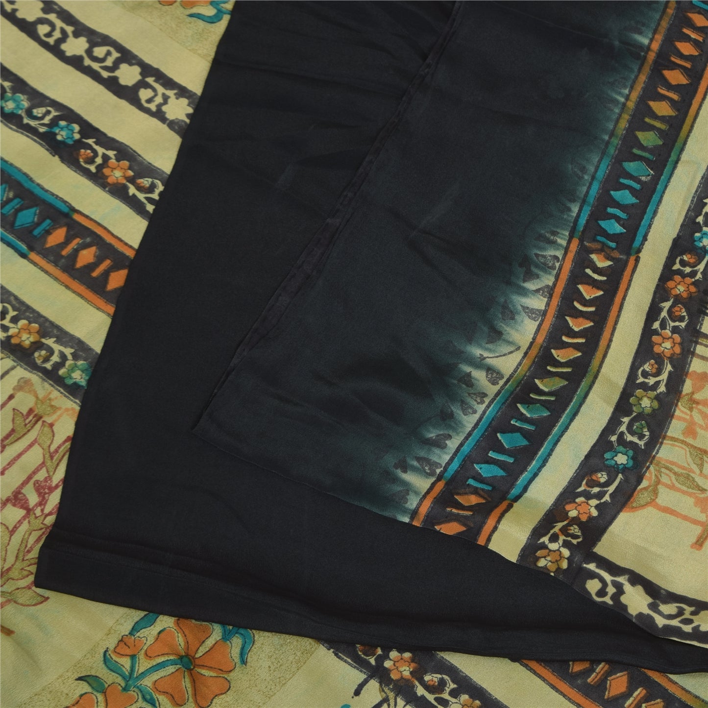 Sanskriti Vintage Sarees Black Pure Crepe Silk Printed Sari 5+yd Craft Sustainable Fabric