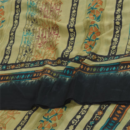 Sanskriti Vintage Sarees Black Pure Crepe Silk Printed Sari 5+yd Craft Sustainable Fabric